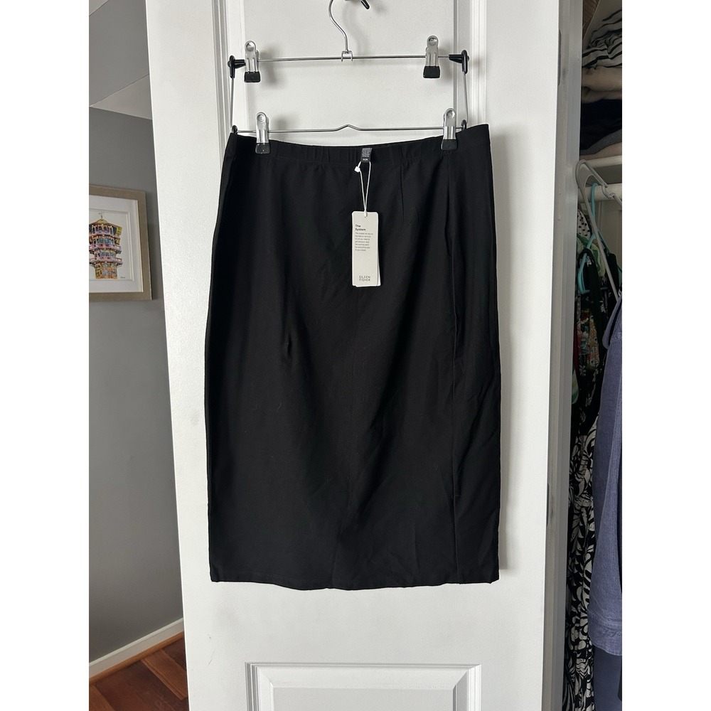 NWT Eileen Fisher Black Washable Stretch Crepe Knee Length Skirt Size Medium